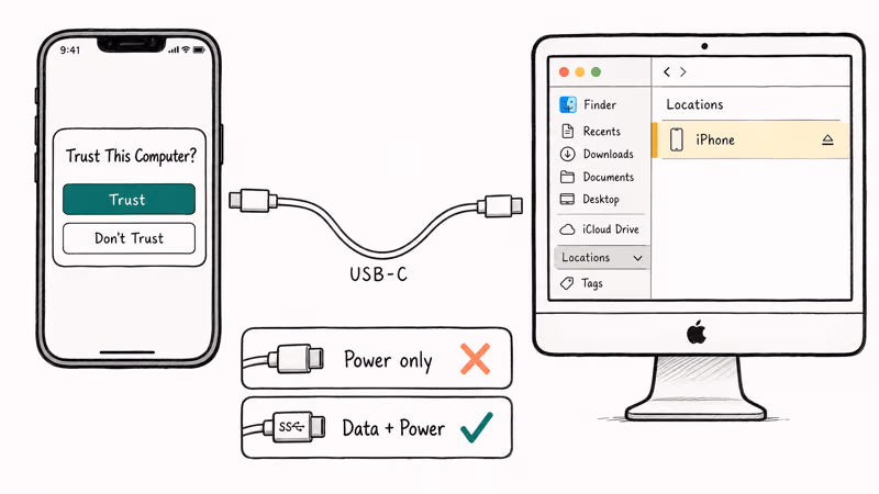 Hand-drawn iPhone Trust prompt and USB cable check needed for Mac Finder photo transfer.