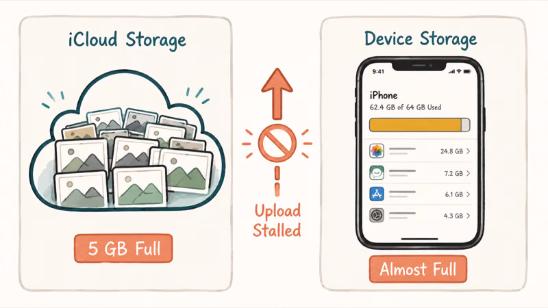 Comparison of full iCloud cloud storage versus full iPhone device storage blocking uploads