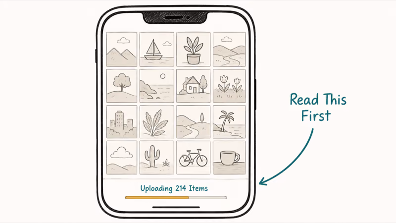 Illustration pointing to the upload status line at the bottom of the Photos library