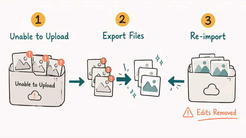 Steps to export and re-import files from the iCloud Unable to Upload album