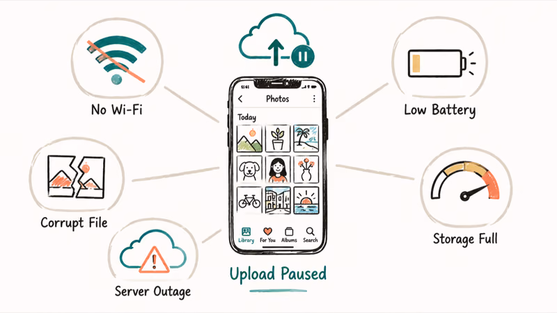 Diagram showing the common reasons iCloud photo uploads pause on an iPhone