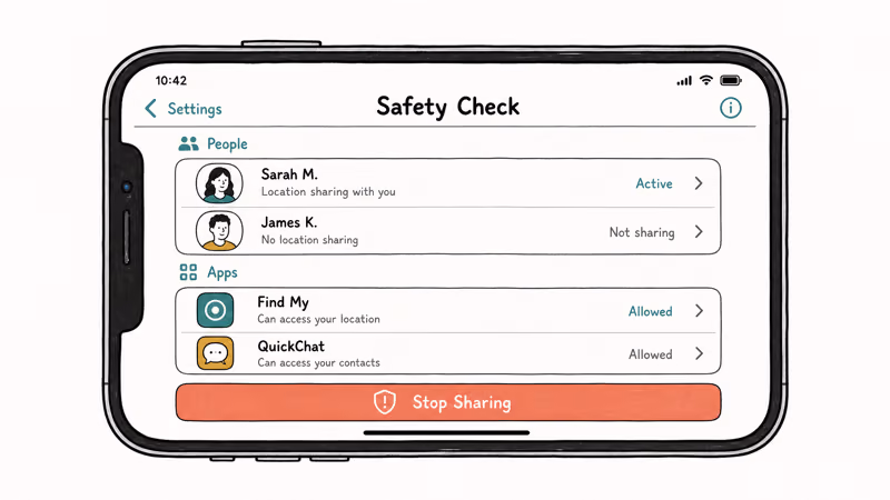 iPhone Safety Check screen listing shared people and apps with stop sharing button