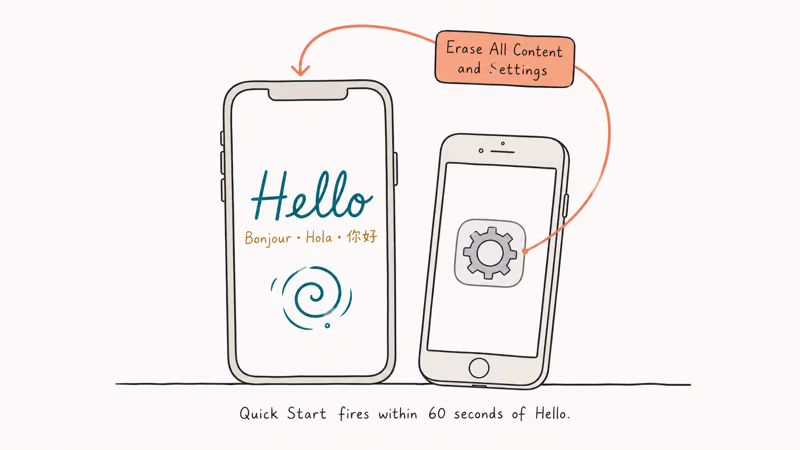 Hand-drawn scene of new iPhone showing Hello welcome screen next to older iPhone after erase