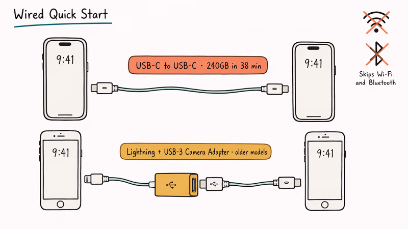 Hand-drawn infographic comparing USB-C and Lightning cable paths for iPhone wired Quick Start transfer