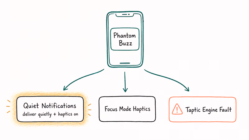 Hand-drawn flowchart showing three causes of phantom iPhone vibrations including notifications and hardware faults.
