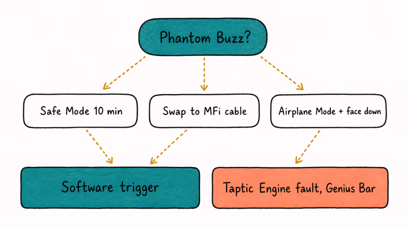 Hand-drawn decision tree separating software triggers from Taptic Engine faults using quick tests.