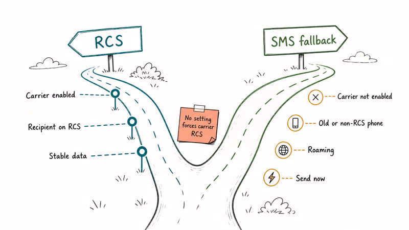 Decision between RCS and SMS fallback for unsupported carriers and contacts