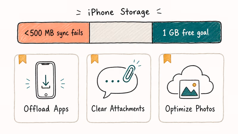 Storage bar showing 500 MB sync threshold and three actions to free iPhone space