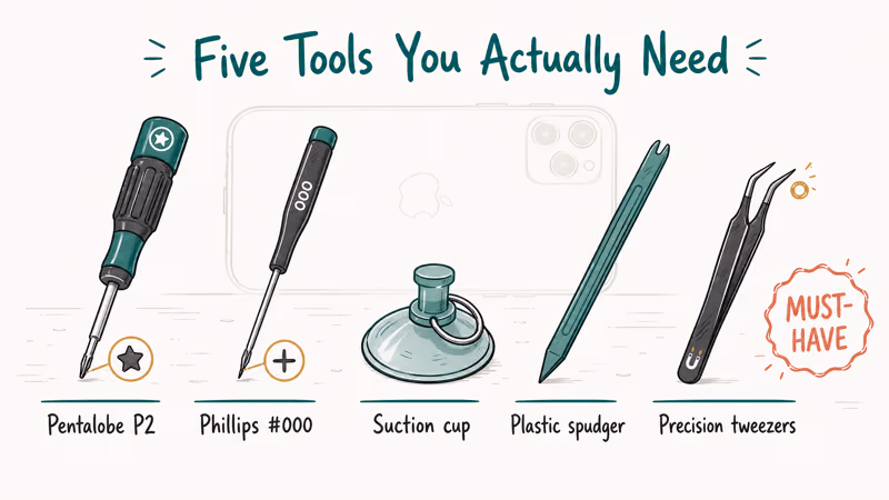 Five essential iPhone repair tools labeled with Pentalobe Phillips suction spudger and tweezers icons