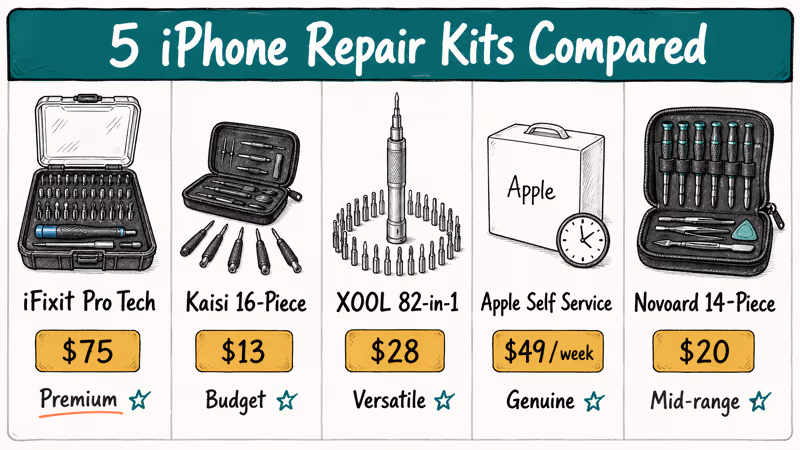 Five iPhone repair kits compared side by side with prices and use case tags labeled