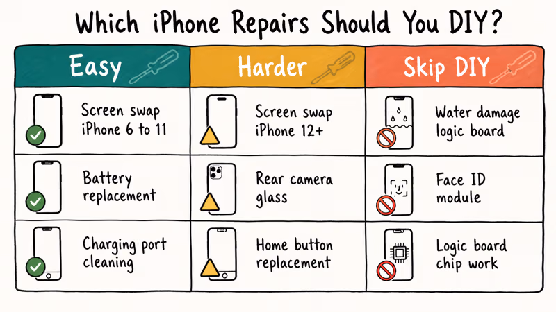 Three column matrix sorting iPhone repairs into easy harder and skip DIY categories with examples
