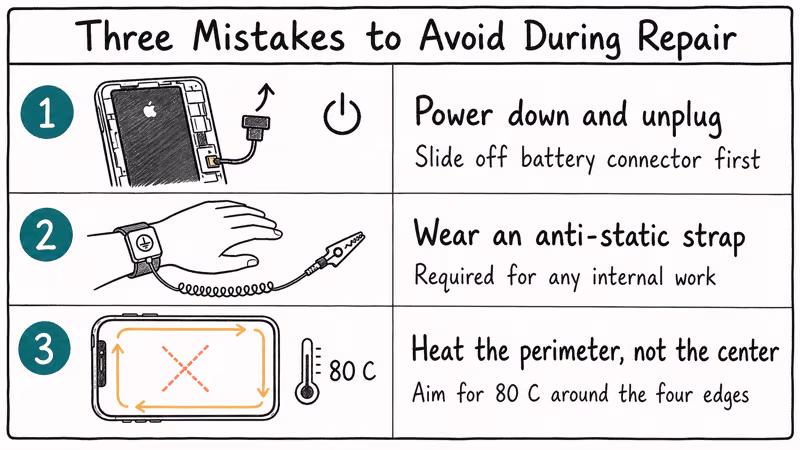 Three step iPhone repair safety checklist showing power off anti static strap and edge heating