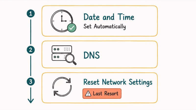 iPhone system settings checklist for date and time, DNS, and network reset