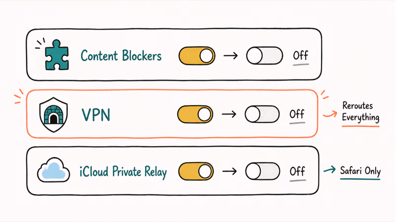 Three privacy toggles for content blockers, VPN, and iCloud Private Relay on iPhone