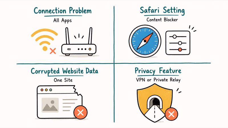Four root causes of Safari not loading pages shown as labeled quadrants