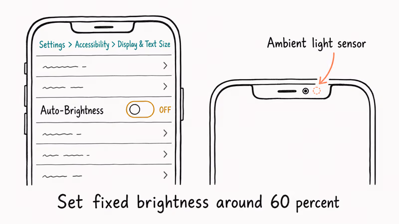 iPhone Settings path to disable Auto-Brightness with ambient light sensor location highlighted.