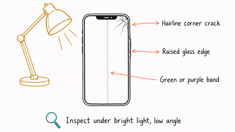 iPhone physical damage inspection showing hairline corner crack raised glass edge and green vertical band.