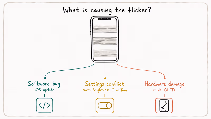 Diagnostic tree showing three iPhone screen flickering causes from software bugs to hardware damage.