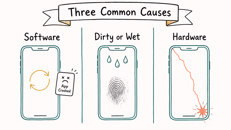 Three hand-drawn columns labeling software, dirty or wet, and hardware as iPhone screen freeze causes
