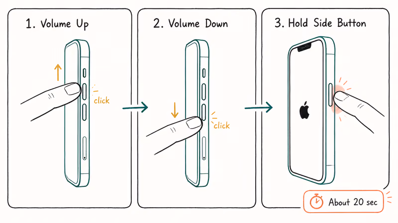 Three step iPhone side view showing Volume Up Volume Down then hold Side button sequence