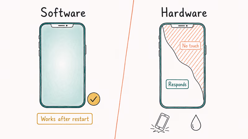 Two column comparison of working software versus dead zone hardware iPhone touch failures