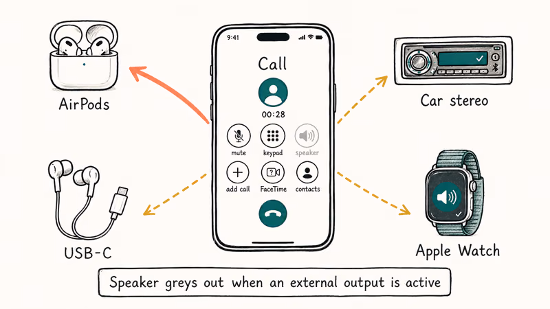 Diagram showing iPhone call audio routing to AirPods car stereo headset and watch outputs