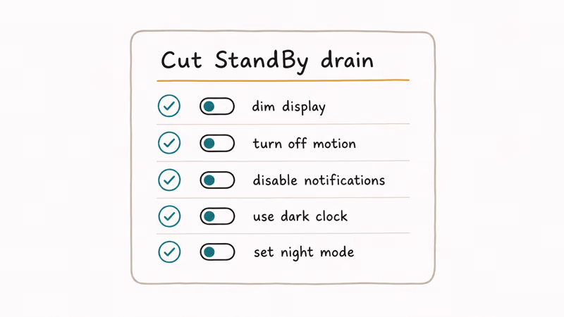 Checklist card listing StandBy settings adjustments that reduce overnight battery drain