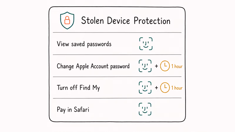 Hand-drawn chart mapping iPhone sensitive actions to Face ID and Security Delay requirements
