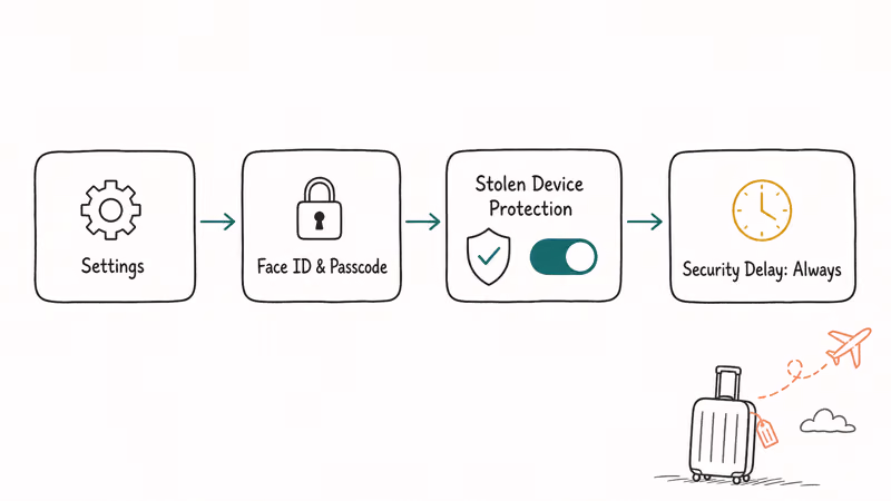 Hand-drawn step path through iPhone Settings to enable Stolen Device Protection before travel
