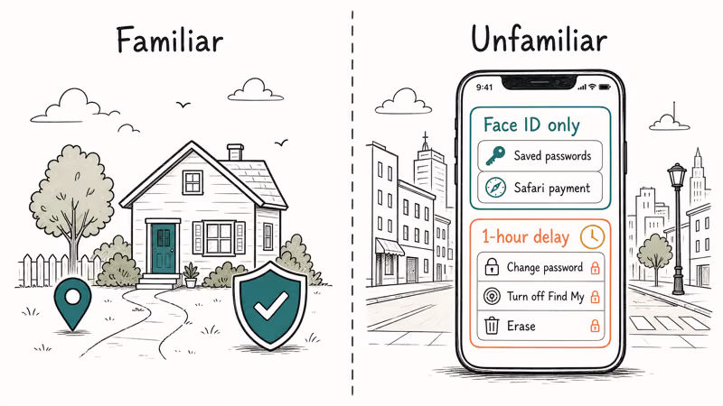 Hand-drawn illustration showing which iPhone actions lock when away from familiar trusted locations