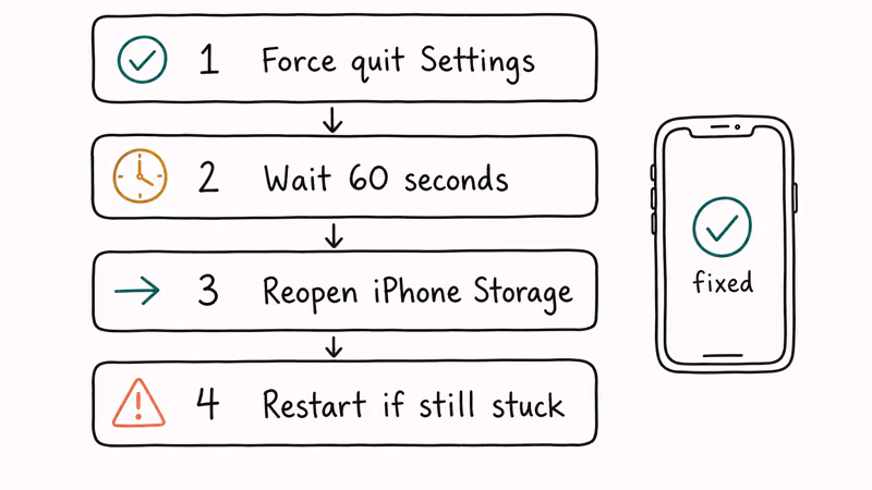 Hand-drawn vertical flowchart of the four ordered fixes for stuck iPhone storage screen.