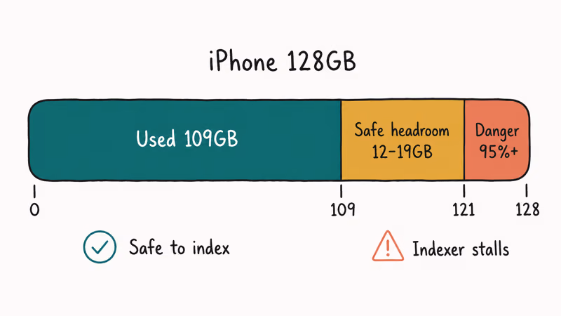 Capacity bar showing the 10 to 15 percent free headroom zone iOS needs.