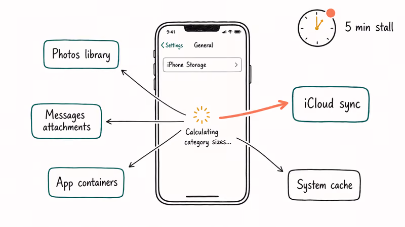 Diagram showing five iOS data sources feeding the stuck Calculating category sizes spinner inside Settings.
