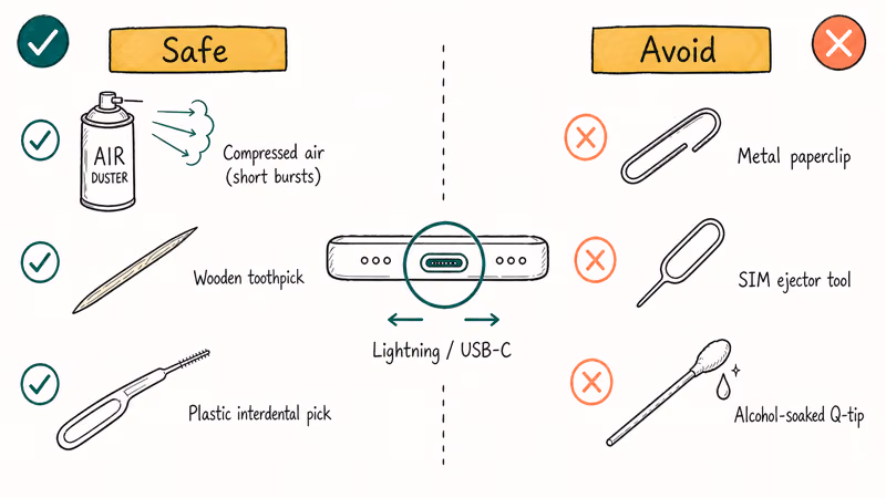Hand-drawn comparison of safe compressed air and toothpick versus dangerous metal tools for port cleaning
