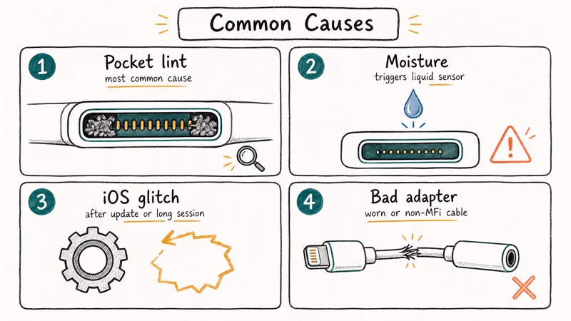 Four hand-drawn panels showing lint, moisture, iOS glitch, and adapter as common iPhone headphone-mode causes