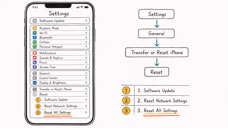 Hand-drawn iOS Settings screen showing path to Reset Network Settings and Reset All Settings options