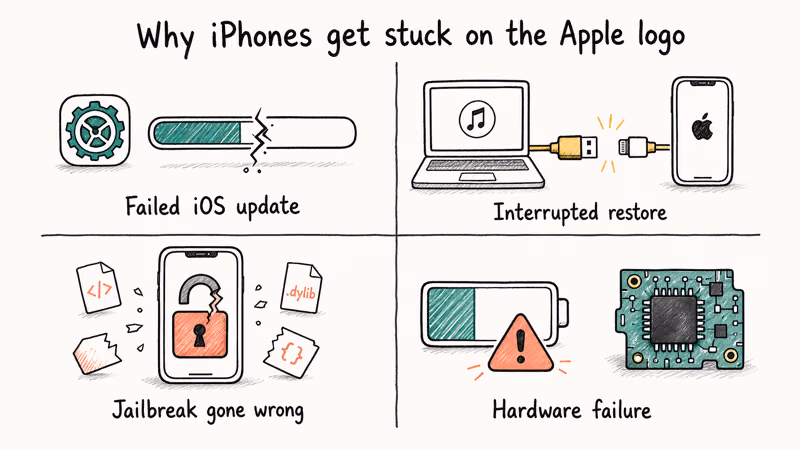 Four common causes of iPhone stuck on Apple logo shown as labeled hand-drawn icons