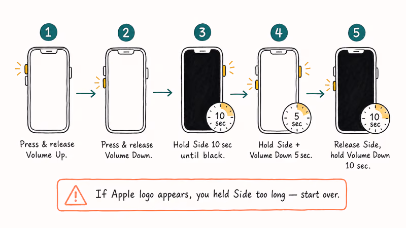 DFU mode entry steps timeline for iPhone 8 and later with button timing labels