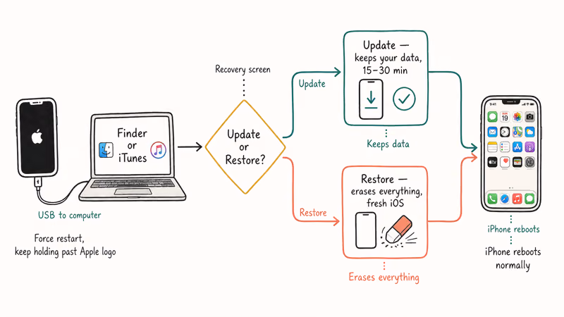 Recovery mode decision flowchart showing Update preserves data and Restore erases everything
