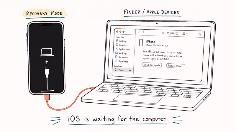 iPhone Recovery Mode screen showing cable icon connecting to a MacBook with Finder open