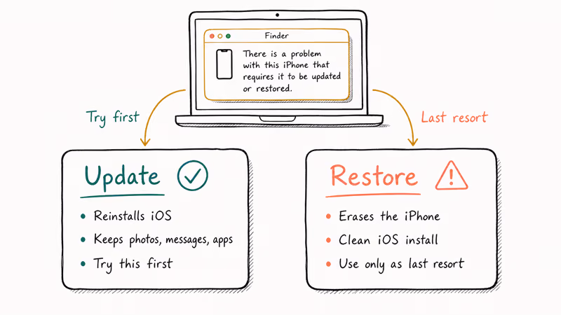 Side-by-side comparison of Update keeping data versus Restore erasing the iPhone in Finder