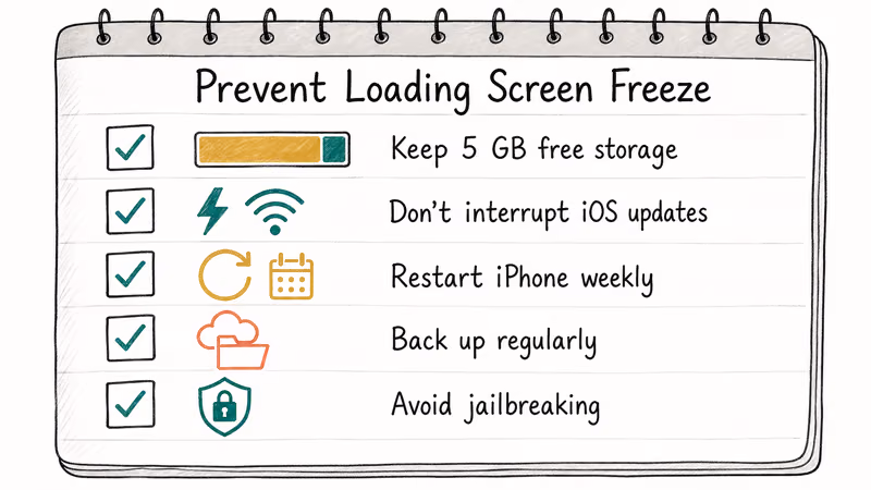 Hand-drawn checklist of five iPhone habits that prevent loading screen freeze problems