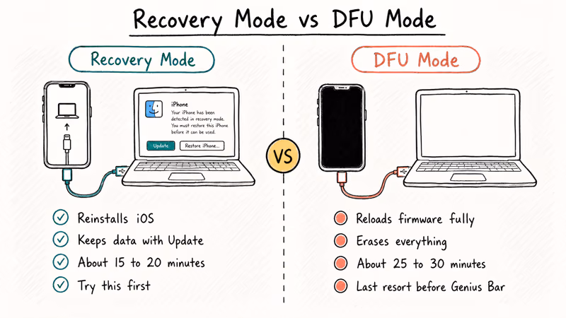 Hand-drawn comparison of iPhone Recovery Mode and DFU Mode showing data and time differences