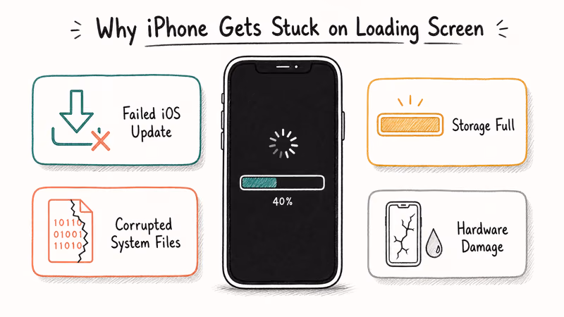 Hand-drawn diagram showing four common causes of an iPhone stuck on the loading screen