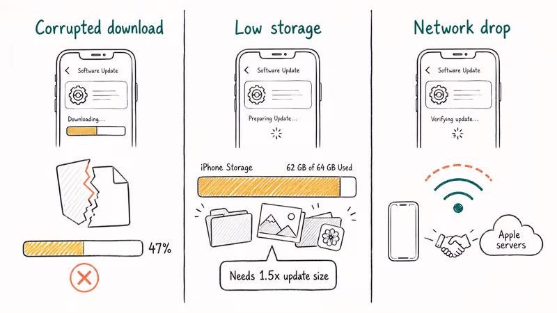 Infographic showing three causes of iPhone Preparing Update freeze: corrupted file, low storage, network drop