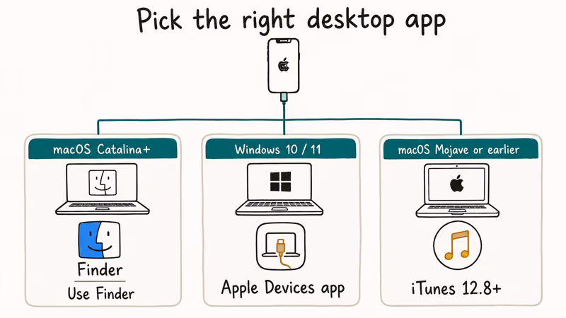 Comparison chart pairing Finder Apple Devices app and iTunes with macOS and Windows versions