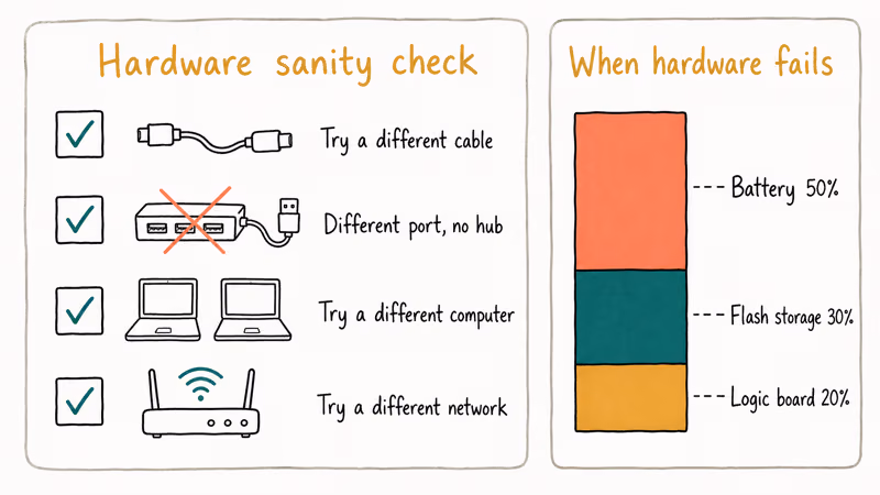 Hardware triage checklist with cable port computer network and fault breakdown chart