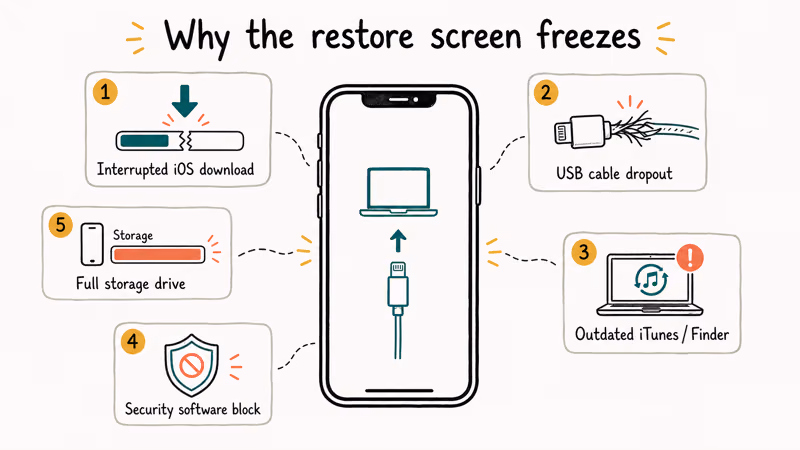 Five common causes of iPhone restore screen freeze with central iPhone showing recovery cable graphic