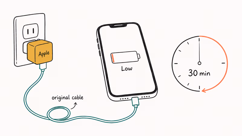 Hand-drawn iPhone charging from wall adapter with low battery icon and 30-minute timer