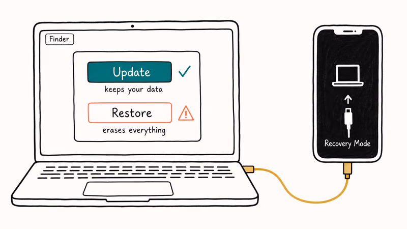 Hand-drawn laptop connected to iPhone in Recovery Mode showing Update and Restore button choice